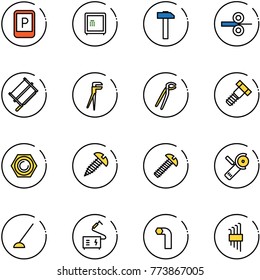 line vector icon set - parking sign vector, safe, hammer, steel rolling, bucksaw, plumber, bolt, nut, screw, Angular grinder, hoe, welding, allen key, set