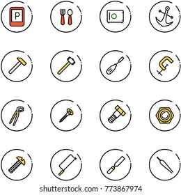 line vector icon set - parking sign vector, spoon and fork, safe, anchor, hammer, sledgehammer, chisel, clamp, plumber, screw, bolt, nut, metal hacksaw, rasp, forceps