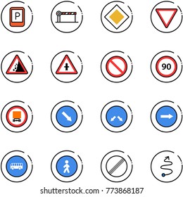 line vector icon set - parking sign vector, barrier, main road, giving way, landslide, intersection, prohibition, speed limit 90, no dangerous cargo, detour, only right, bus, pedestrian, trip