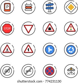 line vector icon set - parking sign vector, post, road signpost, main, stop, giving way, tunnel, traffic light, pedestrian, intersection, only forward right, circle, end speed limit, overtake, no