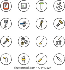 line vector icon set - parking sign vector, safe, work, anchor, piston, steel rolling, plumber, bolt, screw, rivet, hoe, welding, allen key, set, awl, forceps