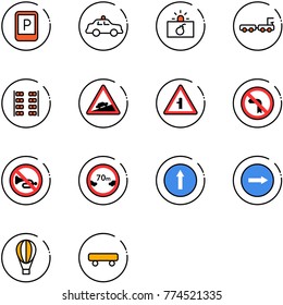 line vector icon set - parking sign vector, safety car, terrorism, baggage truck, plane seats, climb road, intersection, no left turn, horn, limited distance, only forward, right, air balloon