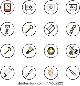 line vector icon set - parking sign vector, safe, piston, sledgehammer, bucksaw, plumber, nail, bolt, nut, rivet, metal hacksaw, rasp, allen key set, forceps