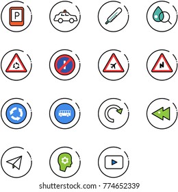 line vector icon set - parking sign vector, safety car, thermometer, blood test, round motion road, no parkin odd, airport, abrupt turn right, circle, bus, redo, fast backward, paper fly, brain work