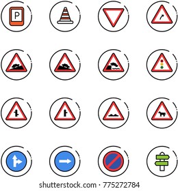 line vector icon set - parking sign vector, road cone, giving way, turn right, climb, steep descent, embankment, traffic light, intersection, rough, cow, only forward, no, signpost