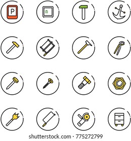 line vector icon set - parking sign vector, safe, work, anchor, hammer, bucksaw, mason, plumber, nail, screw, bolt, nut, wood drill, metal hacksaw, Angular grinder, tool cabinet