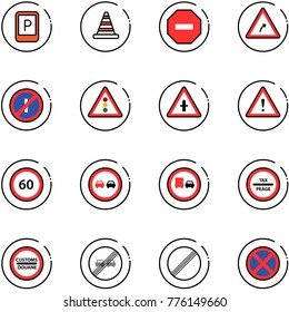 line vector icon set - parking sign vector, road cone, no way, turn right, parkin odd, traffic light, intersection, attention, speed limit 60, overtake, truck, tax peage, customs, end, stop