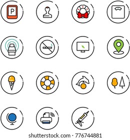 line vector icon set - parking sign vector, stamp, christmas wreath, floor scales, mri, no smoking, monitor cursor, map pin, ice cream, lifebuoy, dolphin, forest, globe, printer wireless