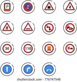 line vector icon set - parking sign vector, no parkin odd, tunnel road, intersection, narrows, rough, left turn, horn, speed limit 30, 110, dangerous cargo, truck overtake, only forward, right