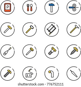 line vector icon set - parking sign vector, spoon and fork, hammer, steel rolling, sledgehammer, bucksaw, mason, chisel, nail, bolt, screw, welding, allen key, forceps