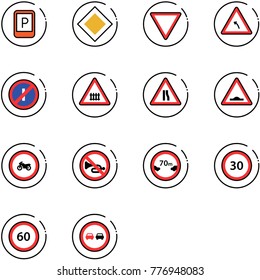 line vector icon set - parking sign vector, main road, giving way, turn left, no parkin odd, railway intersection, narrows, artificial unevenness, moto, horn, limited distance, speed limit 30, 60