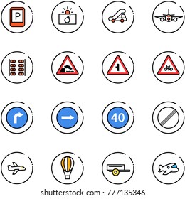 line vector icon set - parking sign vector, terrorism, trap truck, plane, seats, embankment road, intersection, for moto, only right, minimal speed limit, no, air balloon, trailer, toy