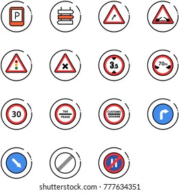 line vector icon set - parking sign vector, post, turn right road, drawbridge, traffic light, railway intersection, limited height, distance, speed limit 30, tax peage, customs, only, detour, no