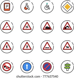 line vector icon set - parking sign vector, disabled, main road, turn right, oncoming traffic, climb, embankment, intersection, rough, cow, no horn, only forward, signpost