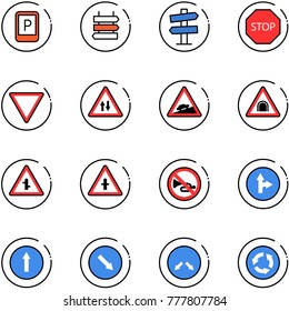 line vector icon set - parking sign vector, post, road signpost, stop, giving way, oncoming traffic, climb, tunnel, intersection, no horn, only forward right, detour, circle