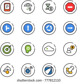 line vector icon set - parking sign vector, insurance, account history, no way road, only forward right, circle, target, brain work, cloud, money dialog, dolphin, wireless speaker, beach ball