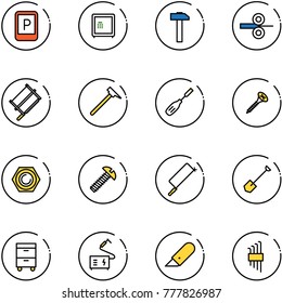 line vector icon set - parking sign vector, safe, hammer, steel rolling, bucksaw, mason, chisel, screw, nut, metal hacksaw, shovel, tool cabinet, welding, work knife, allen key set
