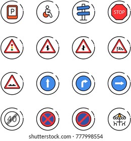 line vector icon set - parking sign vector, disabled, road signpost, stop, traffic light, intersection, side wind, rough, only forward, right, end speed limit, no, outdoor cafe