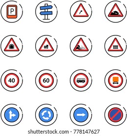 line vector icon set - parking sign vector, road signpost, turn right, steep descent, tunnel, railway intersection, gravel, speed limit 40, 60, no bus, dangerous cargo, only forward, circle