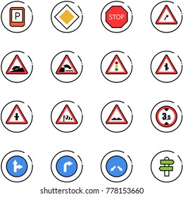 line vector icon set - parking sign vector, main road, stop, turn right, climb, embankment, traffic light, intersection, side wind, rough, limited height, only forward, detour, signpost
