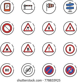 line vector icon set - parking sign vector, barrier, side wind, road signpost, prohibition, slippery, intersection, railway, narrows, attention, no pedestrian, speed limit 80, end, even