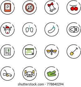 line vector icon set - parking sign vector, no computer, bell, rowanberry, christmas deer hat, lungs, eggplant, euro dollar, account statement, schedule, dragonfly, shovel, lawn mower, sharpening