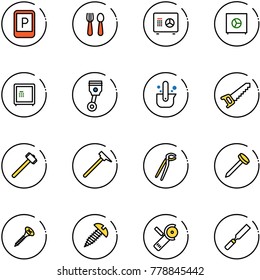 line vector icon set - parking sign vector, spoon and fork, safe, piston, casting of steel, saw, sledgehammer, mason hammer, plumber, nail, screw, Angular grinder, rasp
