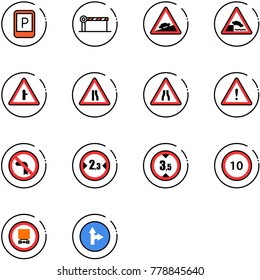 line vector icon set - parking sign vector, barrier, climb road, embankment, intersection, narrows, attention, no left turn, limited width, height, speed limit 10, dangerous cargo