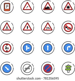 line vector icon set - parking sign vector, turn right road, steep descent, tunnel, pedestrian, intersection, side wind, no horn, limited height, only forward, detour, end overtake limit, signpost
