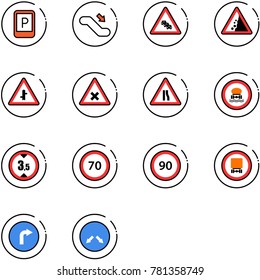 line vector icon set - parking sign vector, escalator down, multi lane traffic road, landslide, intersection, railway, narrows, no dangerous cargo, limited height, speed limit 70, 90, only right