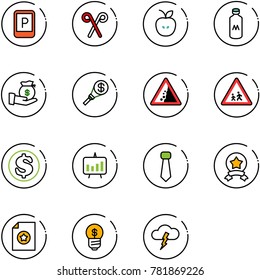 line vector icon set - parking sign vector, santa stick, apple, milk, investment, money torch, landslide road, children, dollar, presentation chart, tie, star medal, certificate, business idea