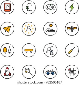 line vector icon set - parking sign vector, pound, euro dollar, lightning, paper fly, star man, reading, dragonfly, forest, skateboard, satellite, awl, rocket, horse stick toy, car, Tic tac toe