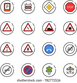 line vector icon set - parking sign vector, post, main road, stop, turn right, left, climb, tunnel, traffic light, intersection, detour, end speed limit, overtake, no, signpost, outdoor cafe