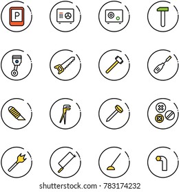 line vector icon set - parking sign vector, safe, work, piston, saw, sledgehammer, chisel, knife, plumber, nail, rivet, wood drill, metal hacksaw, hoe, allen key