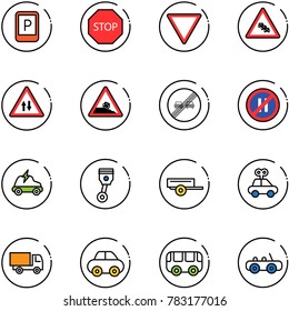 line vector icon set - parking sign vector, stop road, giving way, multi lane traffic, oncoming, steep roadside, end overtake limit, no even, electric car, piston, trailer, toy, truck, bus