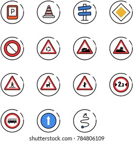 line vector icon set - parking sign vector, road cone, signpost, main, prohibition, round motion, climb, steep roadside, pedestrian, wild animals, intersection, limited width, no bus, only forward