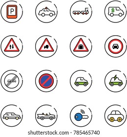 line vector icon set - parking sign vector, safety car, baggage truck, encashment, oncoming traffic road, tractor way, tunnel, no, end overtake limit, electric, limousine, cabrio, wireless key