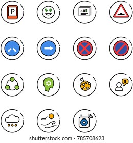 line vector icon set - parking sign vector, dollar smile, statistics report, artificial unevenness road, detour, only right, no stop, social, brain work, moon flag, money dialog, rain cloud, waves