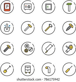 line vector icon set - parking sign vector, safe, work, casting of steel, hammer, sledgehammer, screw, rivet, metal hacksaw, Angular grinder, shovel, tool cabinet, allen key, awl