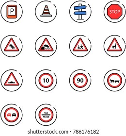 line vector icon set - parking sign vector, road cone, signpost, stop, multi lane traffic, embankment, children, wild animals, artificial unevenness, speed limit 10, 90, no cart horse, overtake