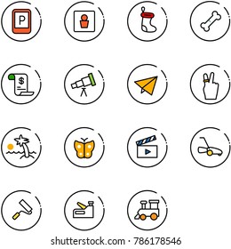 line vector icon set - parking sign vector, male wc, christmas sock, broken bone, account history, telescope, paper fly, victory, palm, butterfly, movie flap, lawn mower, paint roller, stapler