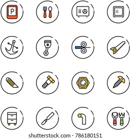 line vector icon set - parking sign vector, spoon and fork, safe, anchor, piston, steel rolling, saw, work knife, bolt, nut, screw, tool cabinet, rasp, allen key, shovel toy