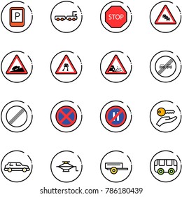 line vector icon set - parking sign vector, baggage truck, stop road, multi lane traffic, climb, slippery, gravel, end overtake limit, no, even, key hand, limousine, jack, trailer, toy bus