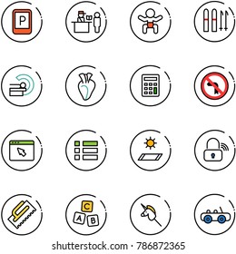 line vector icon set - parking sign vector, passport control, baby, ski, mri, heart, calculator, no left turn road, cursor browser, menu, mat, wireless lock, trowel, abc cube, toy unicorn stick, car