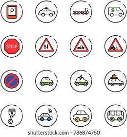 line vector icon set - parking sign vector, safety car, baggage truck, encashment, stop road, oncoming traffic, crash, gravel, no, electric, piston, wireless, toy bus
