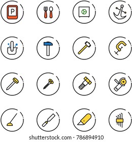 line vector icon set - parking sign vector, spoon and fork, safe, anchor, casting of steel, hammer, sledgehammer, clamp, nail, screw, bolt, Angular grinder, hoe, rasp, work knife, allen key set
