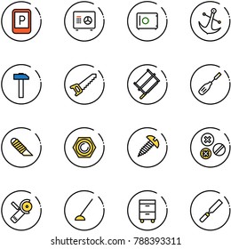 line vector icon set - parking sign vector, safe, anchor, hammer, saw, bucksaw, chisel, work knife, nut, screw, rivet, Angular grinder, hoe, tool cabinet, rasp