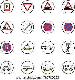 line vector icon set - parking sign vector, giving way road, steep descent, roadside, gravel, no limit, stop, even, electric car, cabrio, piston, wireless, trailer, toy bus