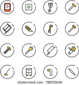 line vector icon set - parking sign vector, safe, piston, hammer, bucksaw, work knife, plumber, nail, screw, wood drill, metal hacksaw, Angular grinder, hoe, tool cabinet, allen key, forceps