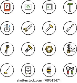 line vector icon set - parking sign vector, safe, work, casting of steel, saw, hammer, chisel, plumber, bolt, nut, rivet, hoe, tool cabinet, allen key set, shovel fork toy